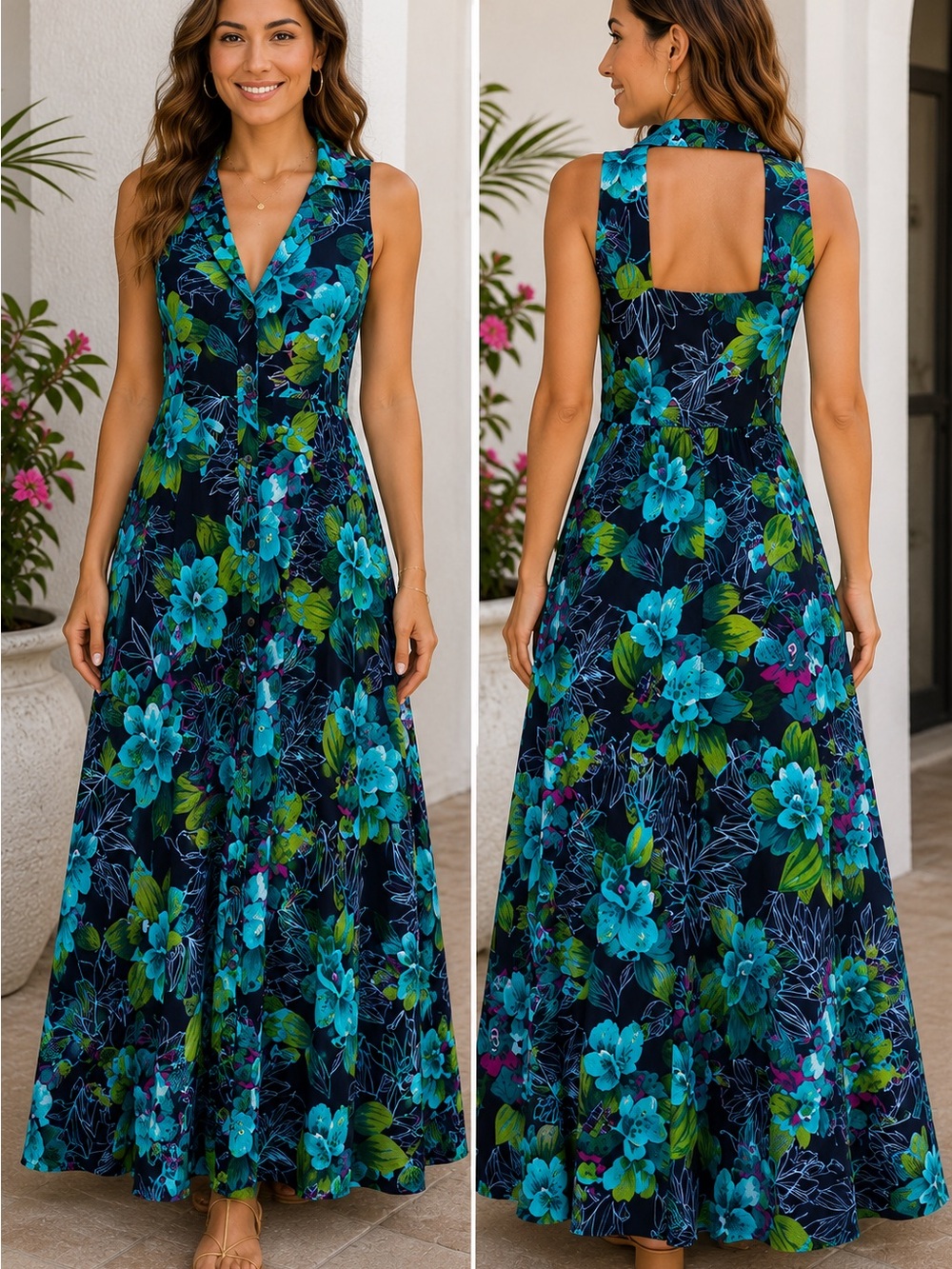 White Stag Navy Floral Maxi Dress with Teal and Green Accents